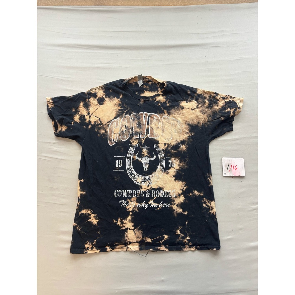 Gildan Cowboys & Rodeos Acid Wash Graphic T-Shirt Black Tan Distressed Large